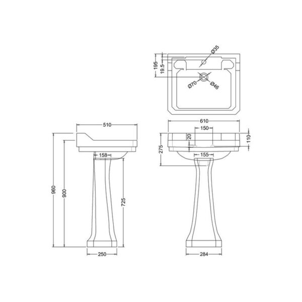 Burlington Edwardian tvättställ 61 cm, förhöjd peidestal Burlington Edwardian tvättställ 61 cm, förhöjd peidestal