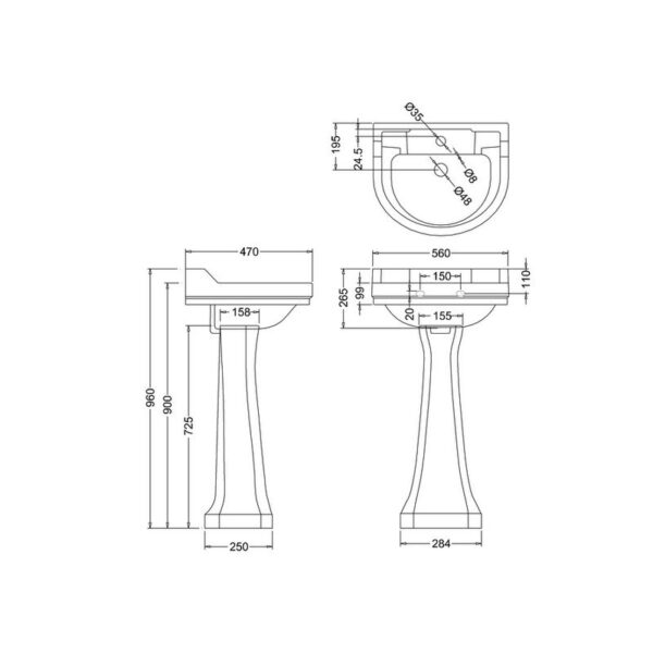 Burlington Edwardian tvättställ 56 cm, förhöjd piedestal