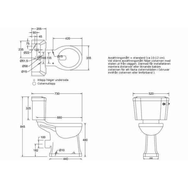 Burlington toalett, förhöjd med bred cistern
