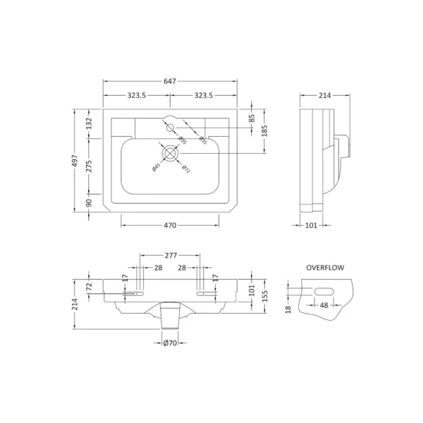 Westcott 65 cm tvättställ ritning