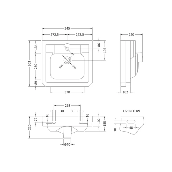 Westcott 54 cm tvättställ ritning Westcott 54 cm tvättställ ritning