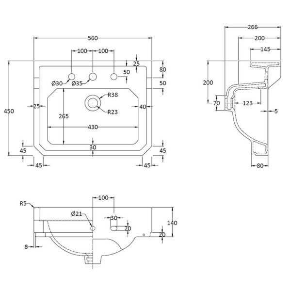 Fitzroy tvättställ 56 cm med tre blandarhål Fitzroy tvättställ 56 cm med tre blandarhål