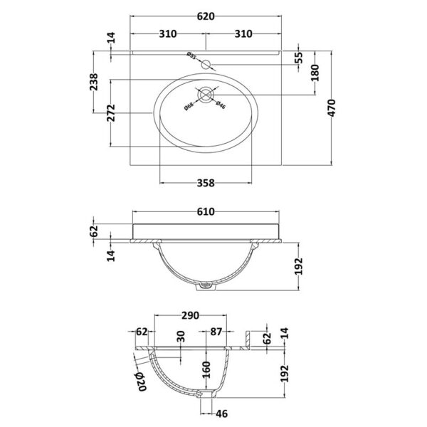 Byaswater marmortopp till 62 cm kommod, ett blandarhål