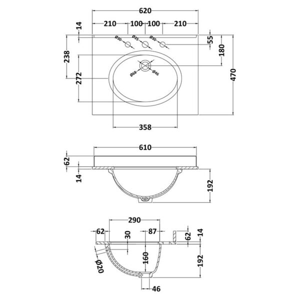 Byaswater marmortopp till 62 cm kommod, tre blandarhål