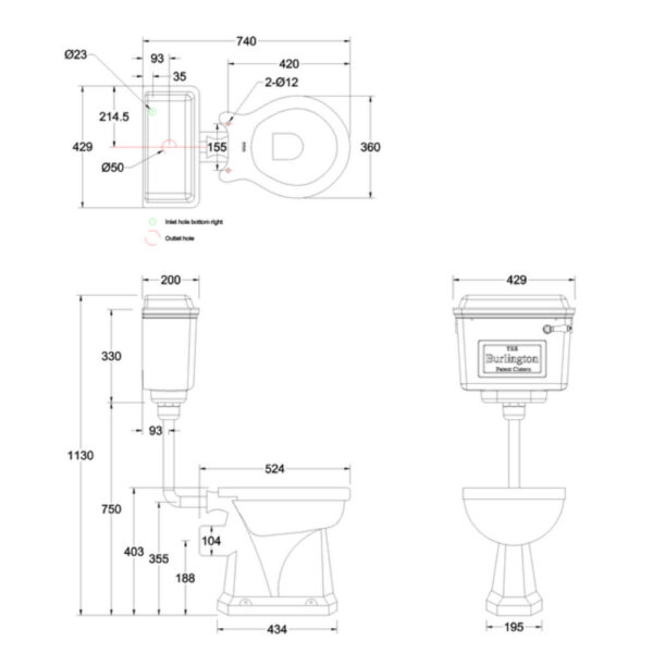 Burlington lågspolande toalett, kromad cistern