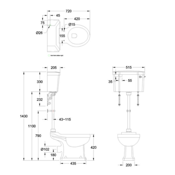 Mellanhög WC med bred cistern