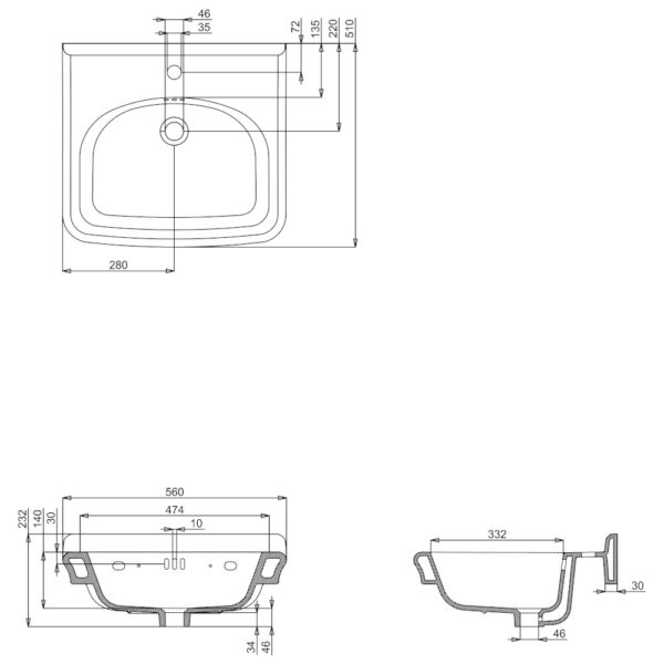 Mått Guild 56 cm tvättställ Mått Guild 56 cm tvättställ